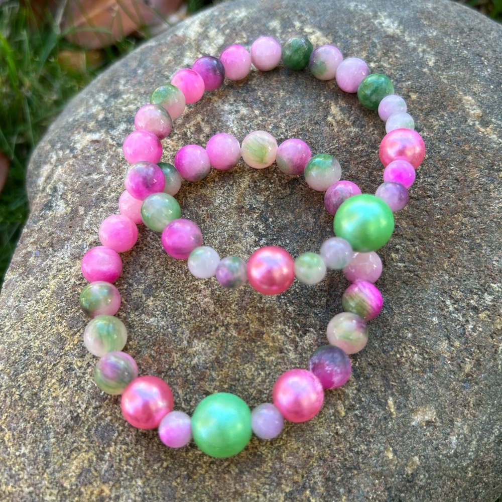 Alpha Kappa Alpha Inspired Handmade Pink and Green Persian Jade Beaded Bracelet